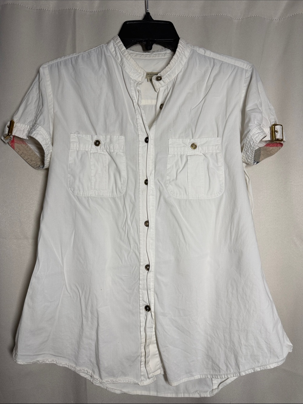 Burberry Women’s Button Down White Gold Accent Buckle Blouse Medium